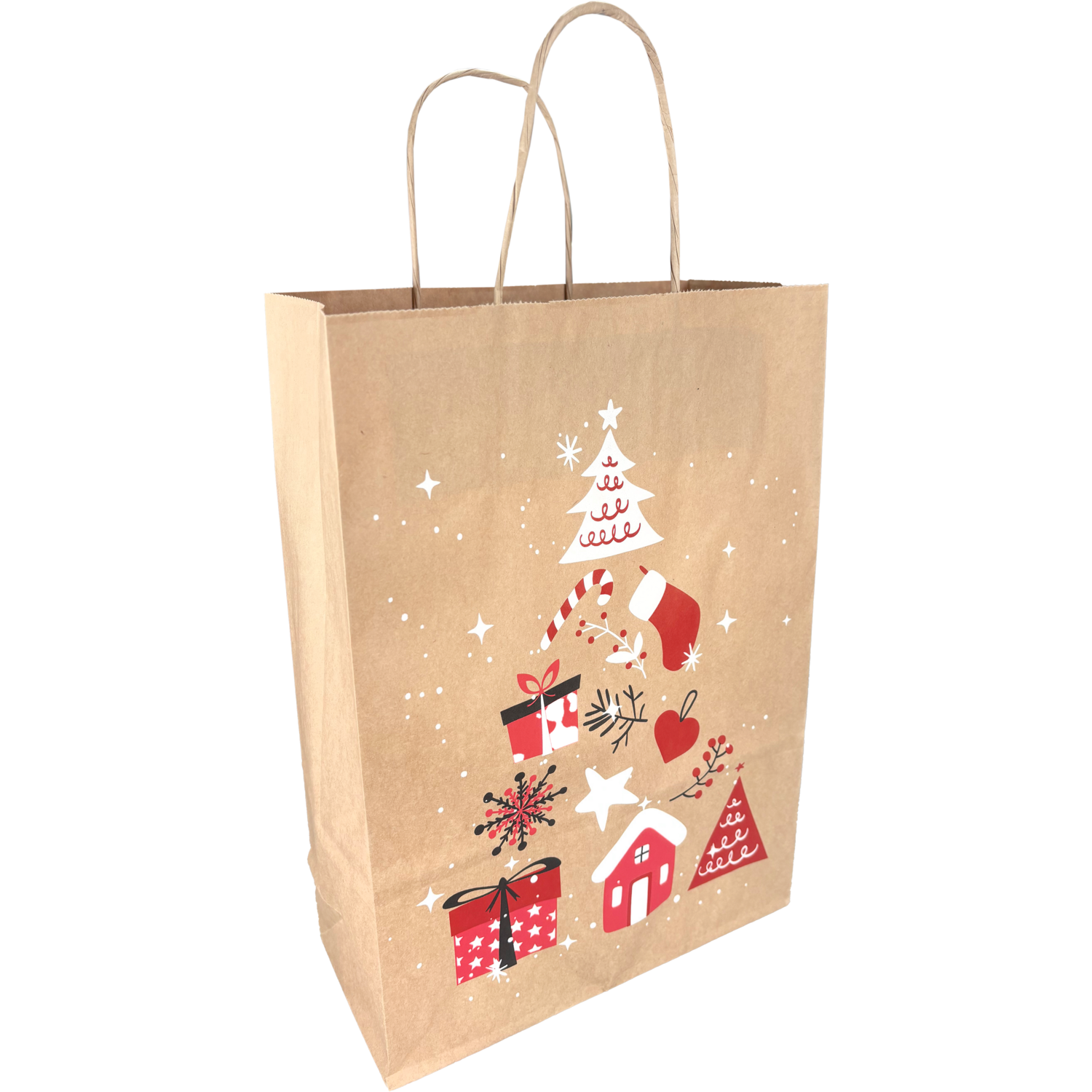 Middelgrote draagtas van papier met boomdesign, 22x10x31 cm, 90 grams – ideaal voor kerstverpakkingen.