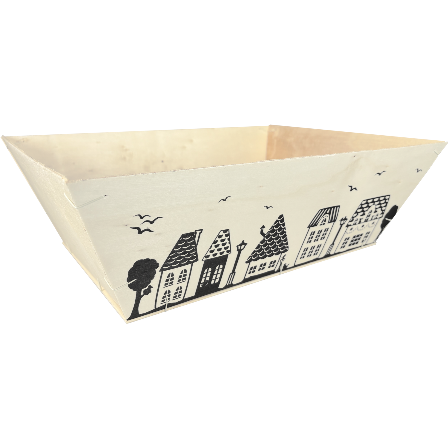 Grote vierkante houten mand met huisjesdesign, 42,5x30x13,5 cm, sfeervolle decoratiemand voor interieur of etalage.