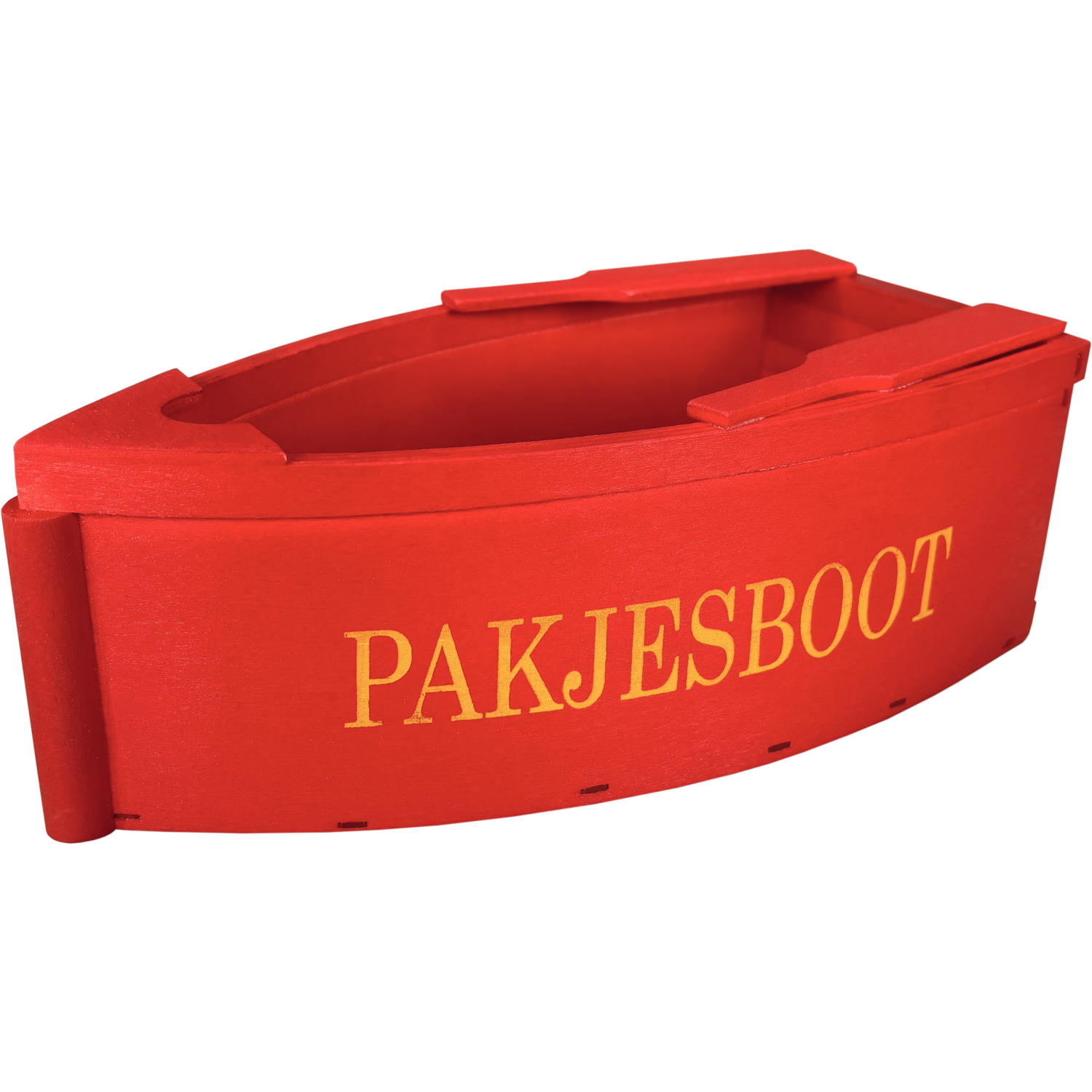 Houten pakjesboot in rood, 20×10×7 cm, FSC-gecertificeerd, decoratief item in Sinterklaasstijl voor interieur of etalage.