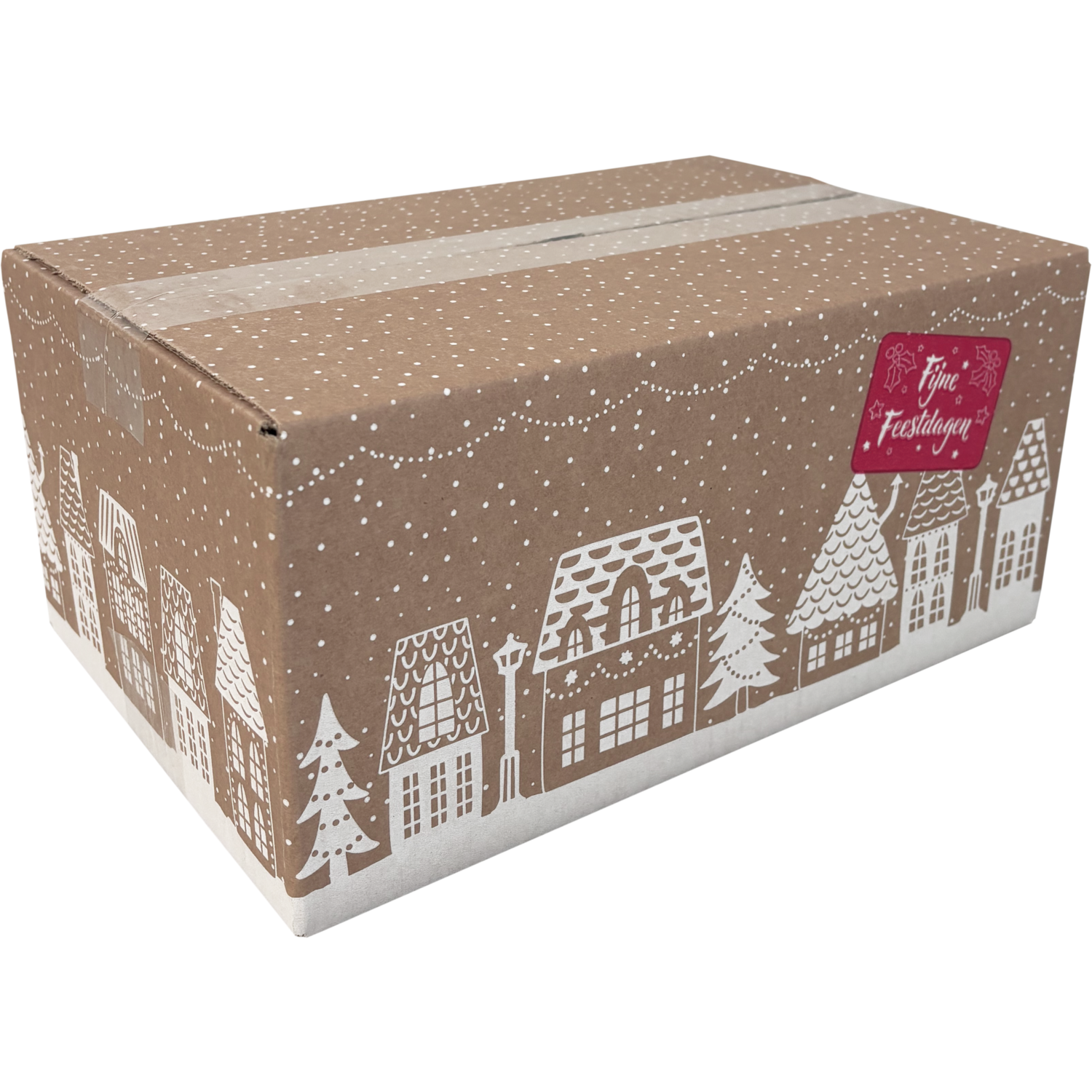 Kleine Weihnachtsgeschenkbox mit charmantem Häuser-Design, 31x20x14 cm – FSC-zertifizierter Karton, ideal für kompakte Pakete.