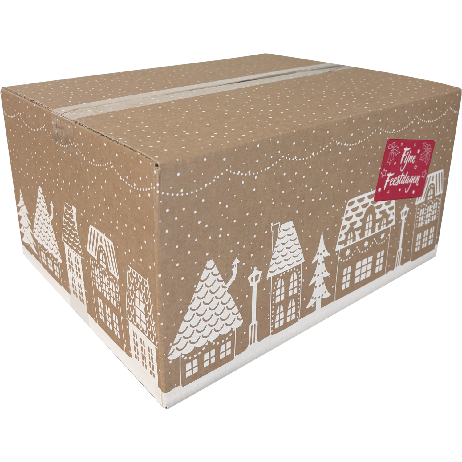 Großer FSC-Karton mit festlichem Hausaufdruck, 45x35x23 cm – ideal für umfangreiche Weihnachtspakete.