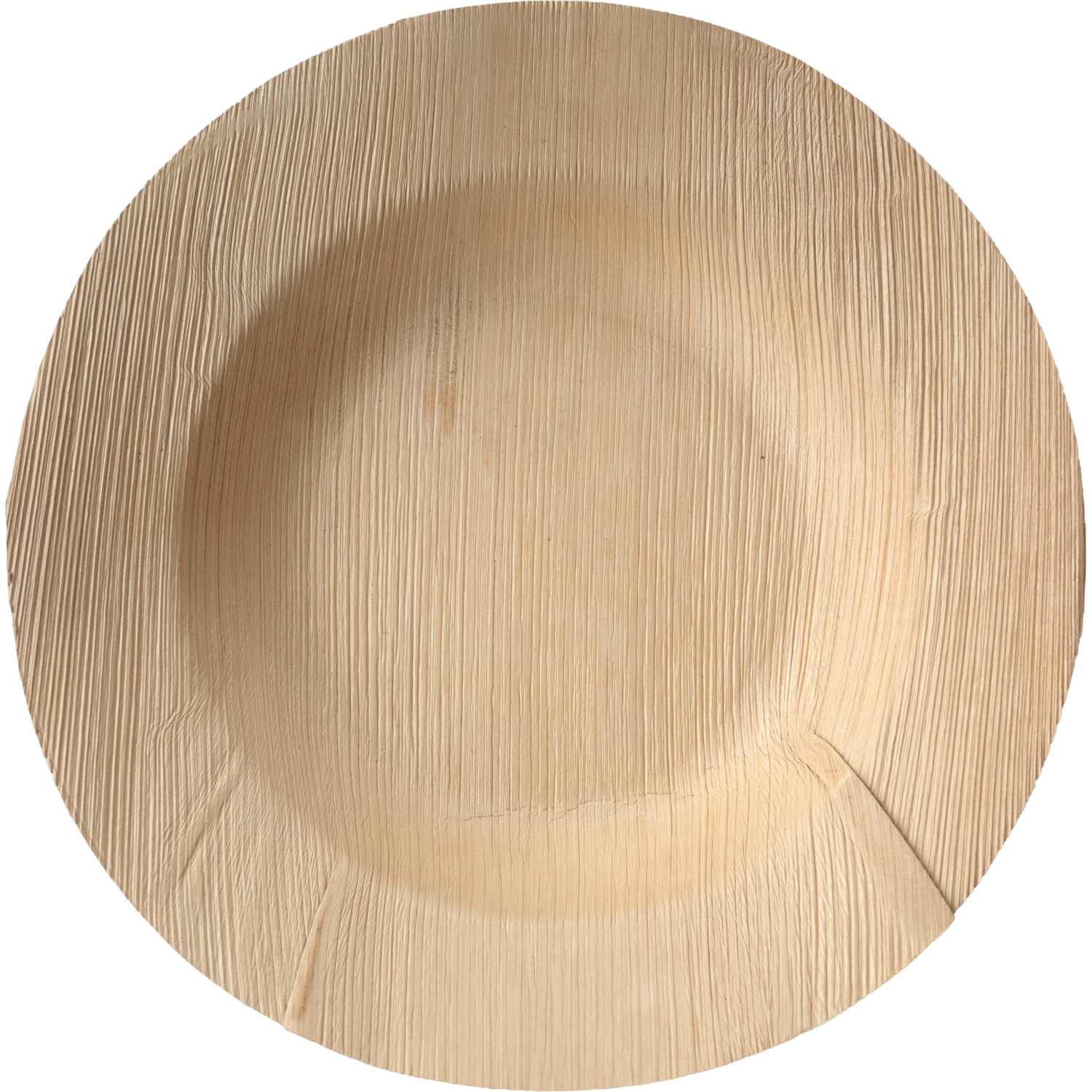 Bovenaanzicht van een rond, diep palmbladbord in naturel kleur met een diameter van 23 cm.