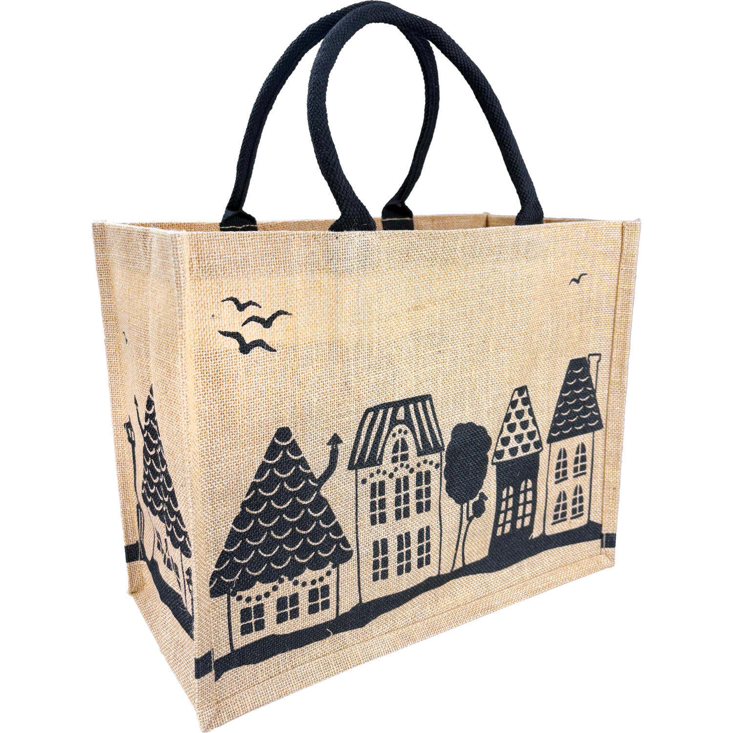 Large jute shopper with house print, 43x20x34 cm – a sturdy and stylish bag for Christmas gifts.