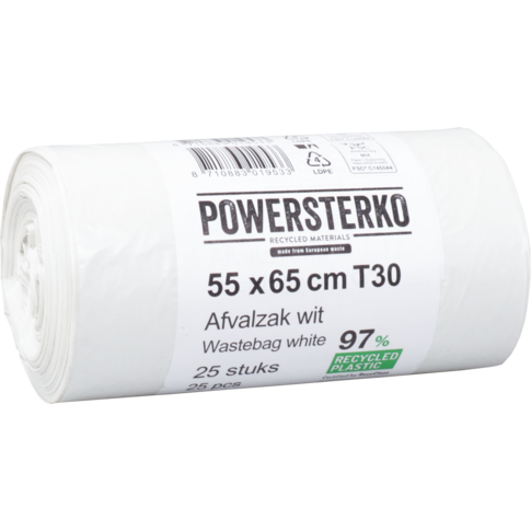 PowerSterko Afvalzak, Gerecycled LDPE, 55x65cm, T30, wit