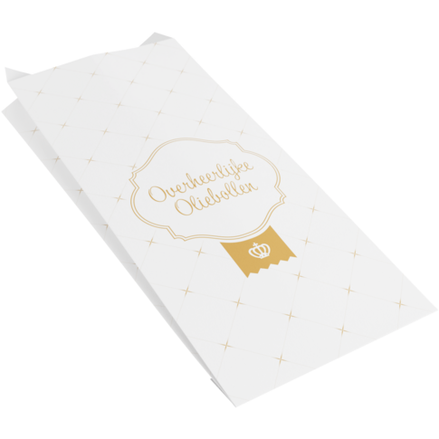 Sac à oliebollen avec imprimé « Overheerlijk » (Délicieux), taille adaptée pour 1 livre d'oliebollen – traditionnel et pratique.