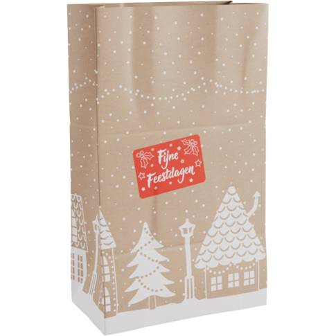 Decoratieve blokbodemzak met huisjesprint, 20x10x30 cm, 70 grams papier – ideaal voor cadeauverpakkingen.