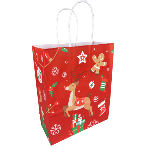 Kleine papieren draagtas met hertendesign, 18x8x22 cm, 90 grams papier – sfeervol voor kerstcadeaus.