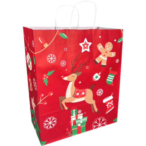 Grote papieren draagtas met hertendessin, formaat 32x12x41 cm, stevig 100 grams papier – perfect voor grotere cadeaus.