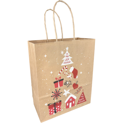 Kleine papieren draagtas met kerstboomprint, 18x8x22 cm, 90 grams – geschikt voor kleine geschenken.