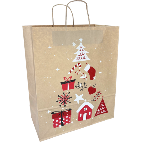 Grote papieren draagtas met stijlvolle kerstboomopdruk, 32x12x41 cm, stevig 100 grams papier – perfect voor grote cadeaus.