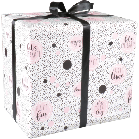 Cadeaupapier, 50cm, 100m, 80gr/m², Party time, wit/zwart/roze