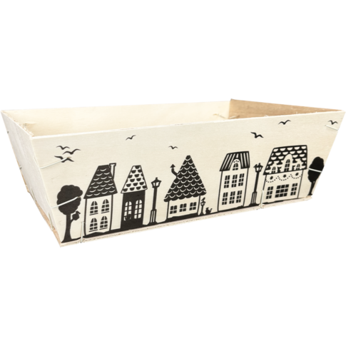 Vierkante houten mand met huisjesdesign, 29x19x9cm, decoratief opbergmandje met winterse uitstraling.