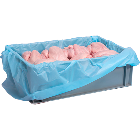 Blauwe Ecoliner kratzakken 580+2x220x630mm 30my MDPE voor stevige en voedselveilige krattenverpakking