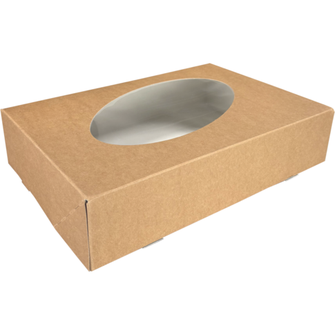  Cateringdoos, karton + PET, 360x250x80mm, met venster, bruin/wit