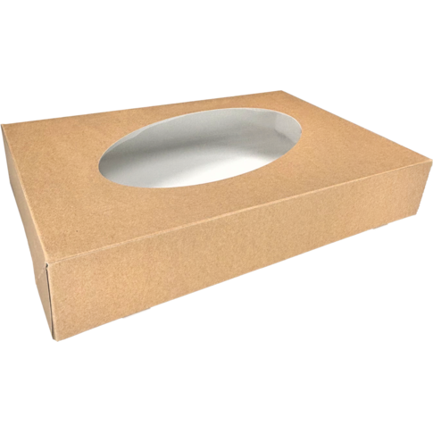  Cateringdoos, karton + PET, 460x310x80mm, met venster, bruin/wit