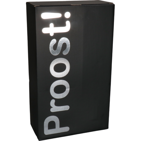  Flesdoos, Proost!, golfkarton, 2 flessen, 190x95x330mm, zwart/zilver