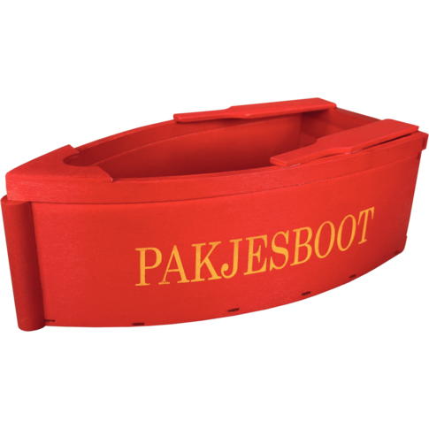 Houten pakjesboot in rood, 20×10×7 cm, FSC-gecertificeerd, decoratief item in Sinterklaasstijl voor interieur of etalage.