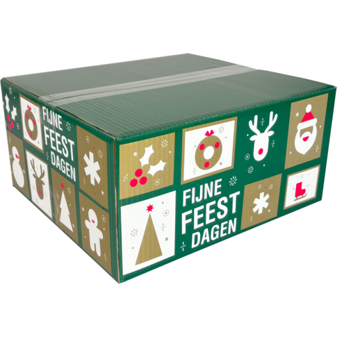 Medium kerstpakketdoos met decoratieve tegelprint, 35x32,5x17 cm – stevige FSC-doos voor feestelijke pakketten.