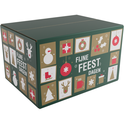 Ruime kerstdoos met tegelmotief, 39x29x23 cm – duurzame FSC-kartonnen verpakking voor kerstgeschenken.