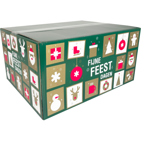 Grote kerstpakketdoos met stijlvolle tegelprint, formaat 45x35x23 cm – geschikt voor middelgrote tot grote kerstpakketten.