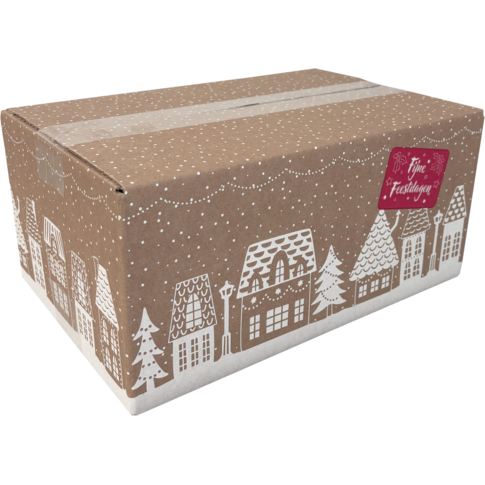 Kleine kerstpakketdoos met sfeervol huisjesdesign, 31x20x14 cm – FSC-gecertificeerd karton, ideaal voor compacte pakketten.