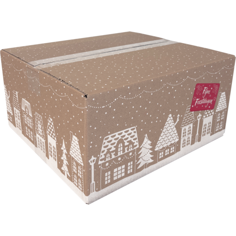 Middelgrote FSC-kerstdoos met gezellige huisjesprint, 35x32,5x17 cm – perfect voor standaard kerstgeschenken.