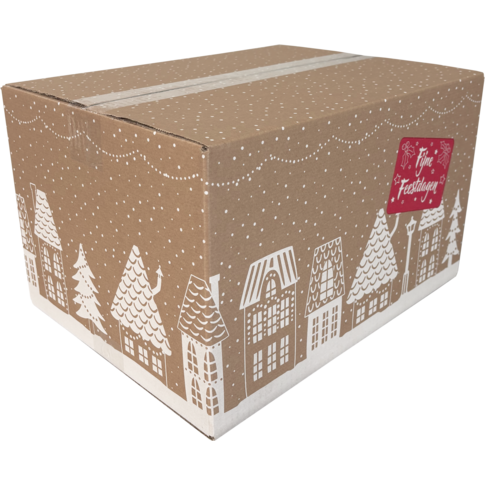 Ruime kerstpakketdoos met huisjesmotief, 39x29x23 cm – FSC-gecertificeerd en geschikt voor gevarieerde inhoud.