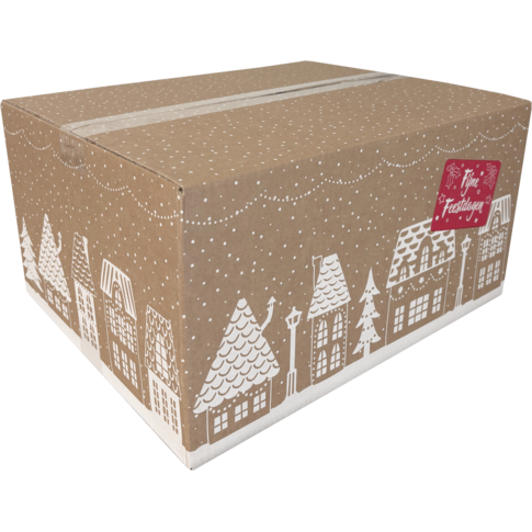Grote FSC-doos met feestelijke huisjesprint, 45x35x23 cm – ideaal voor uitgebreide kerstpakketten.