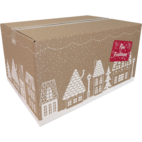 Extra grote kerstpakketdoos met illustratie van huisjes, 55x39x30 cm – duurzaam FSC-materiaal, geschikt voor luxe pakketten.