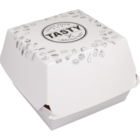 Behälter, Karton + Farbbeschichtung, TASTY, hamburgerschale, 120x120x100mm, weiß
