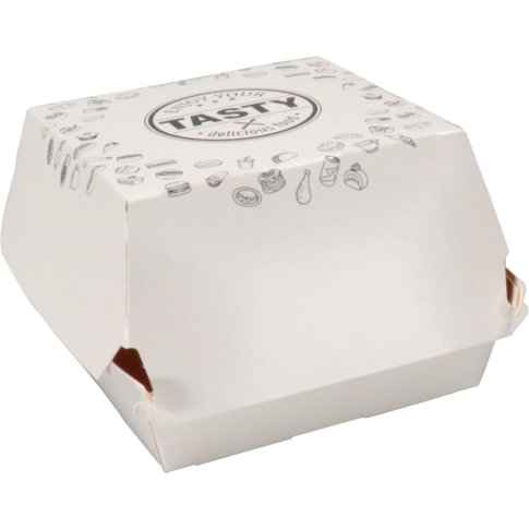 Container, Cardboard + clay coating, TASTY, hamburger container, 90x90x70mm, white