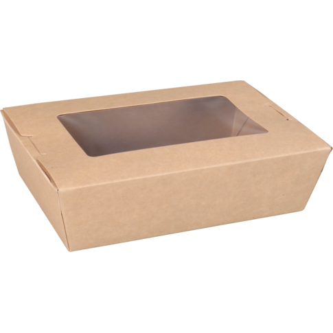 Depa Bak, Karton + PE + PET-coating, met venster, maaltijdbox, 150x100x45mm, bruin