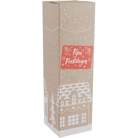 Flesdoos voor 1 fles in kraftlook met huisjesprint – stevige geschenkverpakking voor wijn of olijfolie.