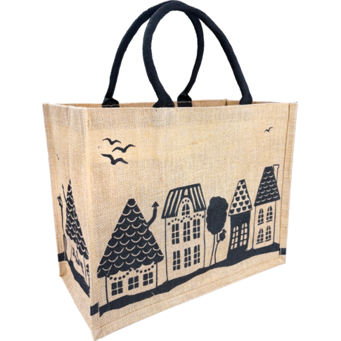 Grote jute shopper met huisjesprint, 43x20x34 cm – robuuste en sfeervolle tas voor kerstpakketten.