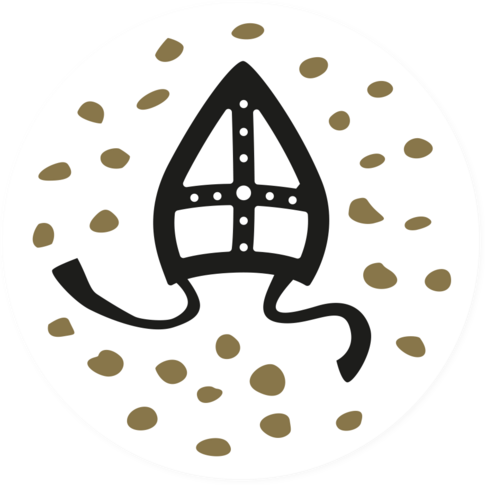 Cadeau-etiket met Sint-mijter in zwart en goud, Ø45 mm, feestelijke decoratie voor Sinterklaascadeaus.