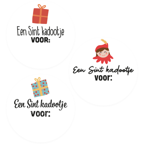 Cadeau-etiketten, 3 soorten met tekst "Sint kadootje voor...", Ø45 mm, decoratieve labels voor Sinterklaasgeschenken.