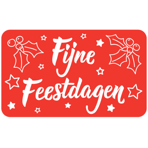 Rood etiket met tekst “Fijne Feestdagen”, 50x30 mm – ideaal voor het personaliseren van kerstgeschenken.