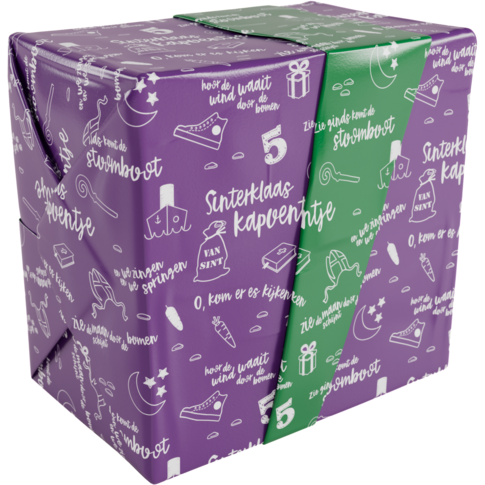 Cadeaupapier Kapoentje, 50 cm breed, paars/groen dessin, vrolijk Sinterklaas cadeaupapier voor grotere geschenken.