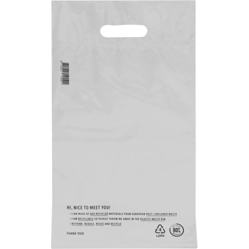 Zak, Verzendzak met handvat, Gerecycled LDPE, 25x35cm, 65my, wit