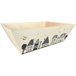 Grote vierkante houten mand met huisjesdesign, 42,5x30x13,5 cm, sfeervolle decoratiemand voor interieur of etalage.