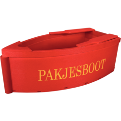 Houten pakjesboot in rood, 20×10×7 cm, FSC-gecertificeerd, decoratief item in Sinterklaasstijl voor interieur of etalage.