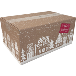 Kleine Weihnachtsgeschenkbox mit charmantem Häuser-Design, 31x20x14 cm – FSC-zertifizierter Karton, ideal für kompakte Pakete.