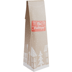 Kraft paper wine bottle bag with a cheerful house print – suitable for 1 bottle, ideal as a Christmas gift.
